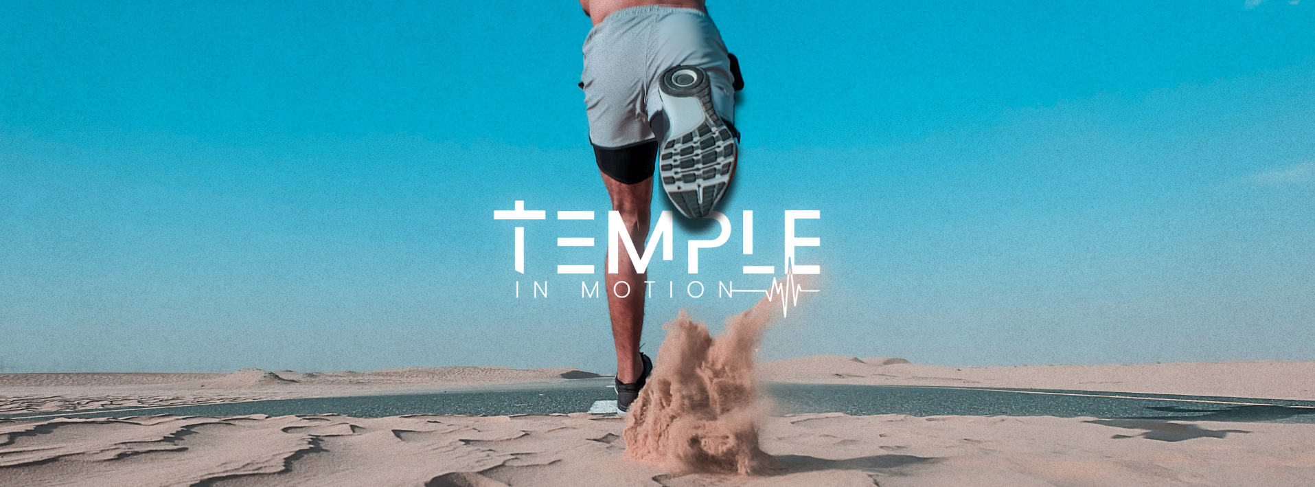 Person running on sand with 'Temple in Motion' logo overlay